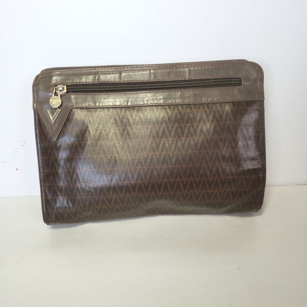 Mario Valentino Bag Clutch Unisex Vintage Pouch Bag Zippered Italian Brown Logo